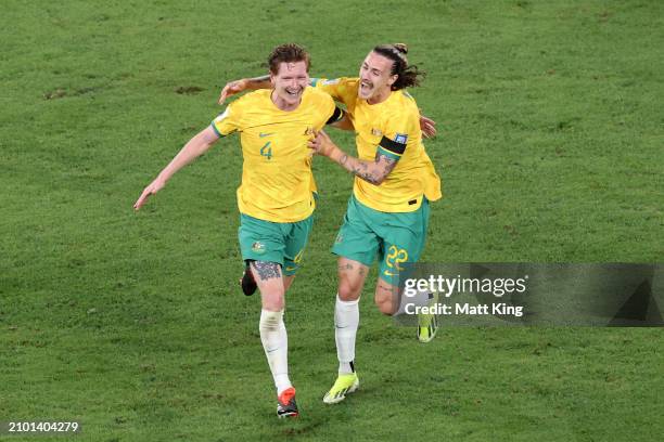 Kye Rowles of the Socceroos celebrates with Jackson Irvine of the Socceroos after scoring a goal during the FIFA World Cup 2026 Qualifier match...