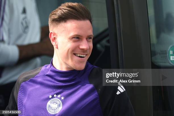 Marc-Andre ter Stegen laughs as he arrives for a training session of the German national soccer team at DFB-Campus on March 21, 2024 in Frankfurt am...