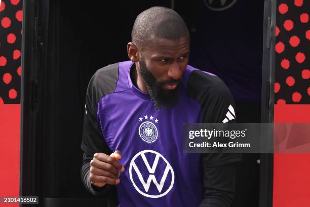 Antonio Ruediger steps out of the team bus as he arrives for a training session of the German national soccer team at DFB-Campus on March 21, 2024 in...