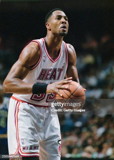 Alonzo Mourning, Center and Power Forward for the Miami Heat prepares to shoot a free throw during the NBA Atlantic Division basketball game against...