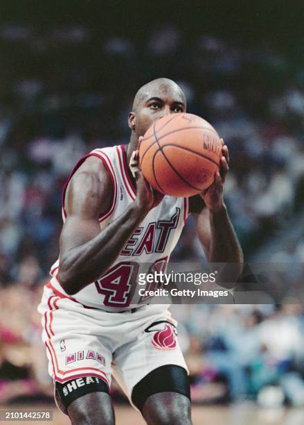 Glen Rice, Small Forward for the Miami Heat prepares to shoot a free throw during the NBA Atlantic Division basketball game against the San Antonio...