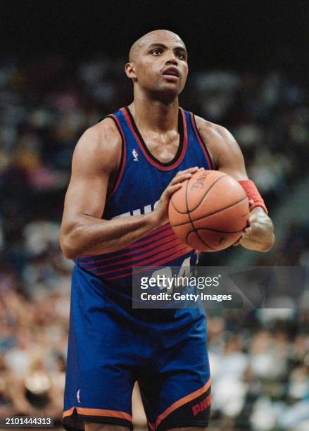 Charles Barkley, Power Forward and Small Forward for the Phoenix Suns prepares to shoot a free throw during the NBA Atlantic Division basketball game...