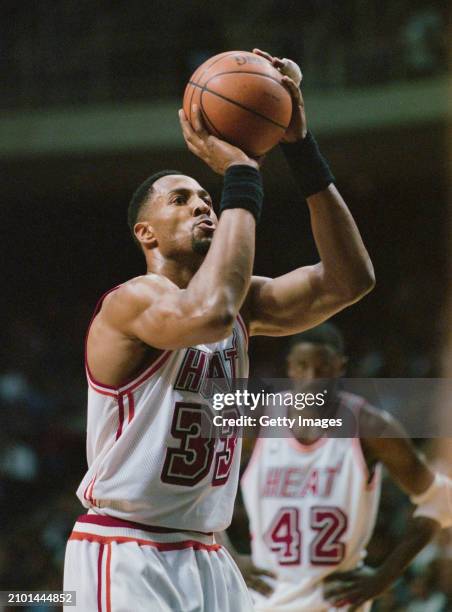 Alonzo Mourning, Center and Power Forward for the Miami Heat prepares to shoot a free throw during the NBA Atlantic Division basketball game against...