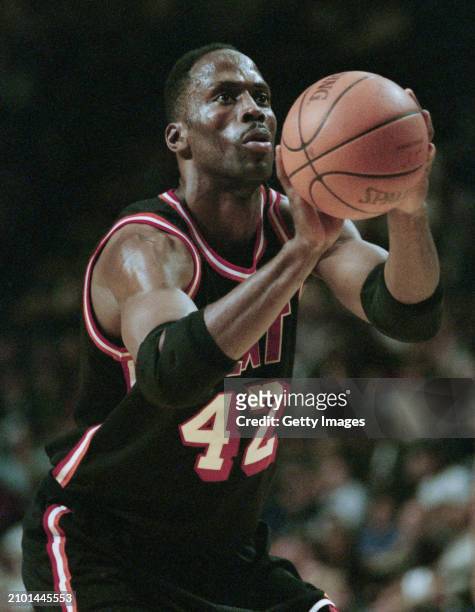 Kevin Willis, Center and Power Forward for the Miami Heat prepares to shoot a free throw during the NBA Central Division basketball game against the...
