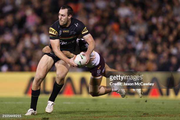 Isaah Yeo of the Panthers is tackled during the round three NRL match between Penrith Panthers and Brisbane Broncos at BlueBet Stadium on March 21,...