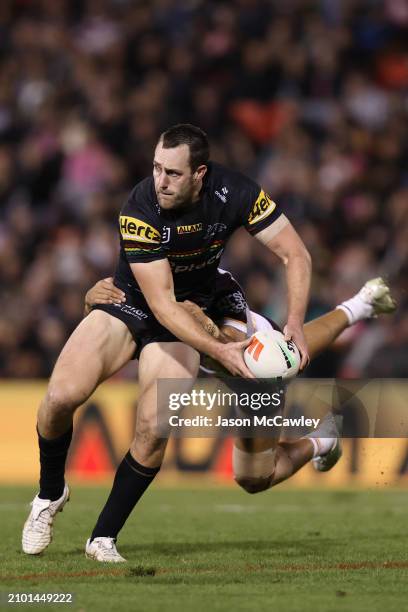 Isaah Yeo of the Panthers is tackled during the round three NRL match between Penrith Panthers and Brisbane Broncos at BlueBet Stadium on March 21,...