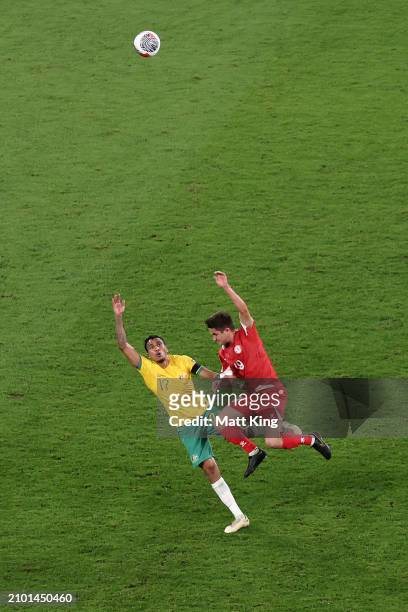 Keanu Baccus of the Socceroos is challenged by Daniel Kuri of Lebanon during the FIFA World Cup 2026 Qualifier match between Australia Socceroos and...