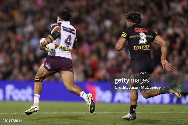 Selwyn Cobbo of the Broncos makes a break during the round three NRL match between Penrith Panthers and Brisbane Broncos at BlueBet Stadium on March...