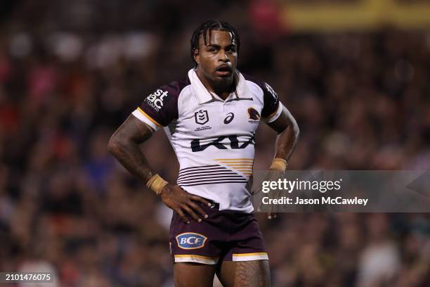 Ezra Mam of the Broncos looks on during the round three NRL match between Penrith Panthers and Brisbane Broncos at BlueBet Stadium on March 21, 2024...