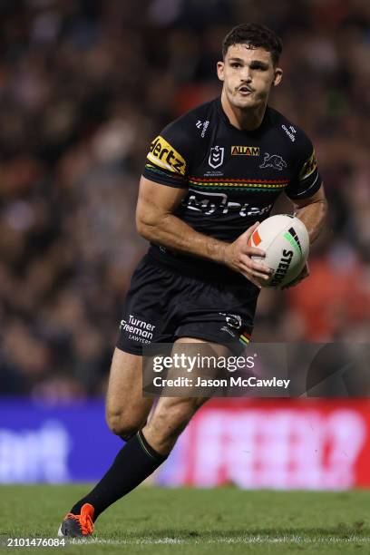 Nathan Cleary of the Panthers runs the ball during the round three NRL match between Penrith Panthers and Brisbane Broncos at BlueBet Stadium on...