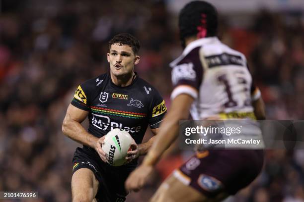 Nathan Cleary of the Panthers runs the ball during the round three NRL match between Penrith Panthers and Brisbane Broncos at BlueBet Stadium on...