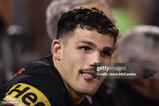 Nathan Cleary of the Panthers looks on from the bench during the round three NRL match between Penrith Panthers and Brisbane Broncos at BlueBet...