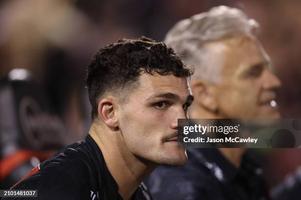 Nathan Cleary of the Panthers looks on from the bench during the round three NRL match between Penrith Panthers and Brisbane Broncos at BlueBet...