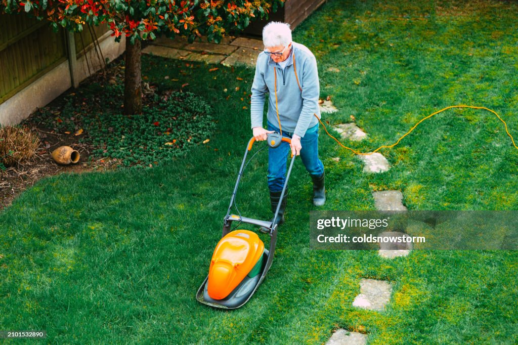 High angle view of man mowing lawn in back garden