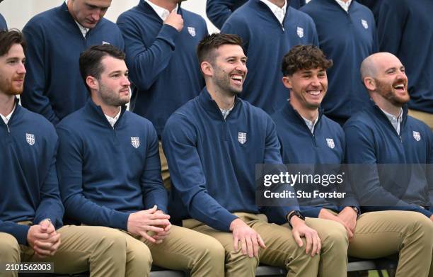 Durham players Mark Wood Paul Coughlin and Ben Raine share a during the Durham CCC photocall ahead of the 2024 season at Seat Unique Riverside on...