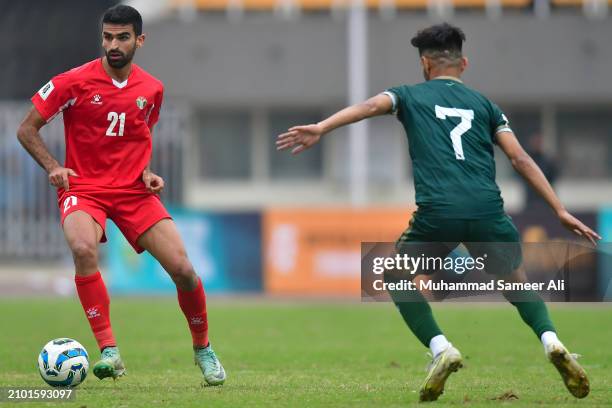 Nizar Mahmoud of team Jordan controls the ball during the 2026 FIFA World Cup Qualifiers second round Group G match between Pakistan and Jordan at...