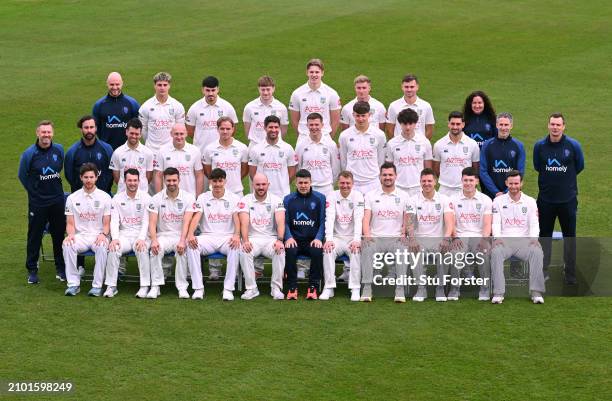 Durham First Team squad and staff pictured in their County Championship whites during the Durham CCC photocall ahead of the 2024 season at Seat...