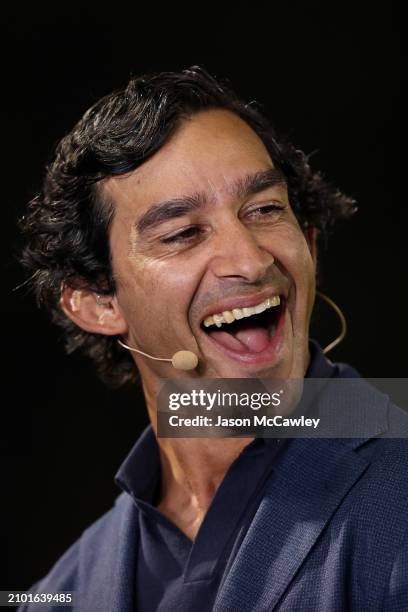 Johnathan Thurston commentates for Channel Nine during the round three NRL match between Penrith Panthers and Brisbane Broncos at BlueBet Stadium on...