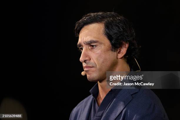 Johnathan Thurston commentates for Channel Nine during the round three NRL match between Penrith Panthers and Brisbane Broncos at BlueBet Stadium on...