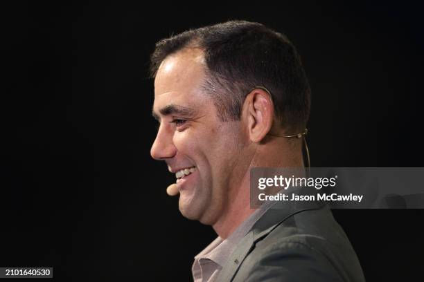 Cameron Smith commentates for Channel Nine during the round three NRL match between Penrith Panthers and Brisbane Broncos at BlueBet Stadium on March...