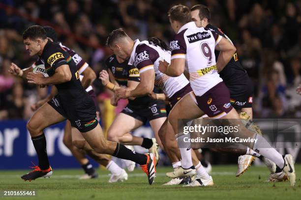 Nathan Cleary of the Panthers makes a break during the round three NRL match between Penrith Panthers and Brisbane Broncos at BlueBet Stadium on...