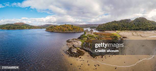 tioram castle scotland aerial view - loch moidart stock pictures, royalty-free photos & images