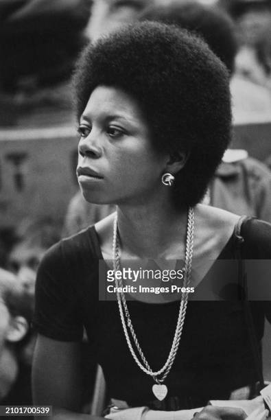 American journalist Melba Tolliver, ABC reporter, wearing a short-sleeve scoop neck top with necklaces, United States, circa 1970.