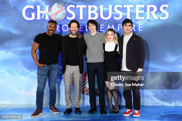 Ernie Hudson, Paul Rudd, Finn Wolfhard, Mckenna Grace and Gil Kenan attend the photocall for "Ghostbusters: Frozen Empire" at Claridge's Hotel on...