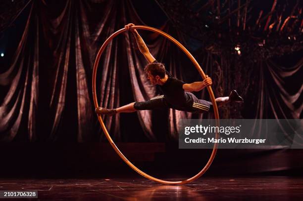 Artist performs during a rehearsal of "Alegria" by Cirque du Soleil on March 16, 2024 in Barcelona, Spain.