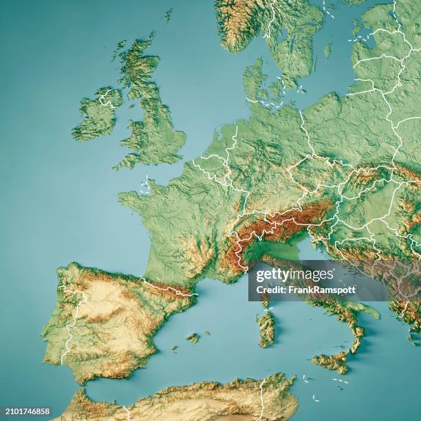 Western Europe 3d Render Topographic Map Color Border High Res Stock Western Europe 3d Render Topographic Map Color Border 