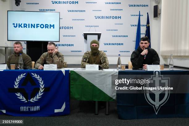 Commander and founder of the Russian Volunteer Corps, Denis speaks during a press conference on March 21, 2024 in Kyiv, Ukraine. Representatives of...