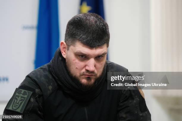 Commander and founder of the Russian Volunteer Corps, Denis attends a press conference on March 21, 2024 in Kyiv, Ukraine. Representatives of the...