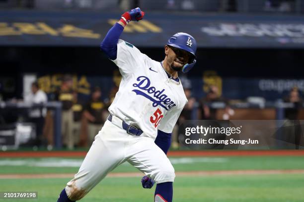 Mookie Betts of the Los Angeles Dodgers hits a two run home run in the 5th inning during the 2024 Seoul Series game between San Diego Padres and Los...