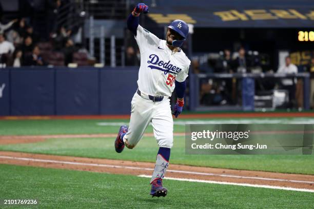 Mookie Betts of the Los Angeles Dodgers hits a two run home run in the 5th inning during the 2024 Seoul Series game between San Diego Padres and Los...