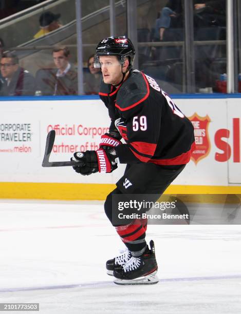 Jake Guentzel of the Carolina Hurricanes skates against the New York Islanders at UBS Arena on March 19, 2024 in Elmont, New York.