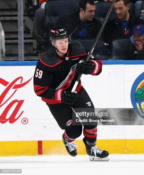 Jake Guentzel of the Carolina Hurricanes skates against the New York Islanders at UBS Arena on March 19, 2024 in Elmont, New York.