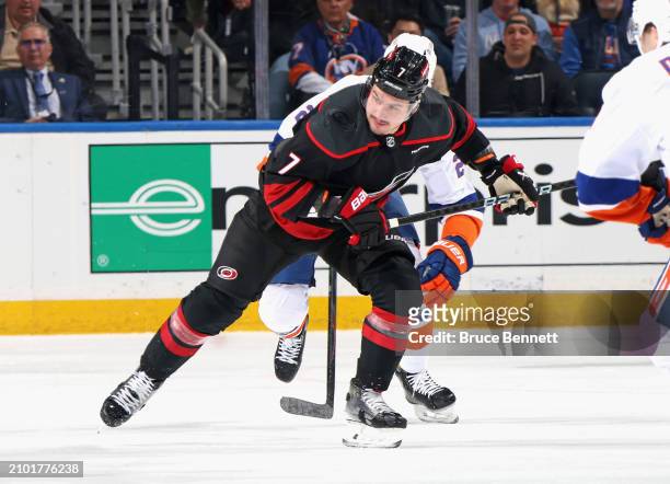 Dmitry Orlov of the Carolina Hurricanes skates against the New York Islanders at UBS Arena on March 19, 2024 in Elmont, New York.