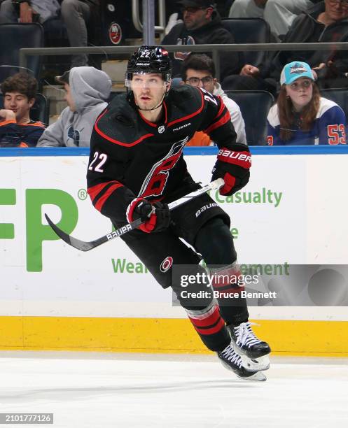 Brett Pesce of the Carolina Hurricanes skates against the New York Islanders at UBS Arena on March 19, 2024 in Elmont, New York.