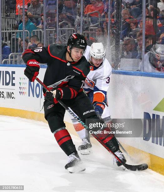 Brady Skjei of the Carolina Hurricanes skates against the New York Islanders at UBS Arena on March 19, 2024 in Elmont, New York.