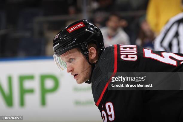 Jake Guentzel of the Carolina Hurricanes skates against the New York Islanders at UBS Arena on March 19, 2024 in Elmont, New York.