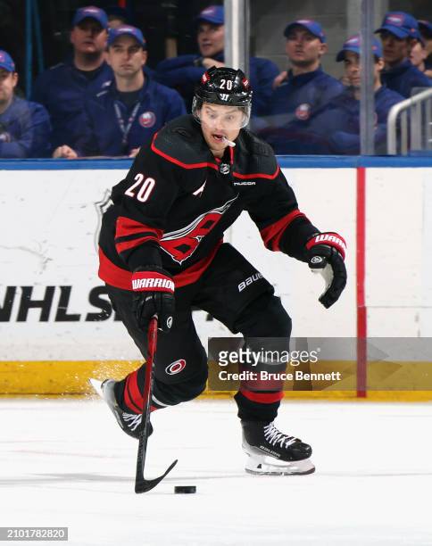 Sebastian Aho of the Carolina Hurricanes skates against the New York Islanders at UBS Arena on March 19, 2024 in Elmont, New York.