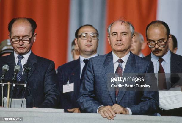 Soviet leader Mikhail Gorbachev pictured with Polish head of state General Wojciech Jaruzelski during a six-day visit to Poland, July 1988.