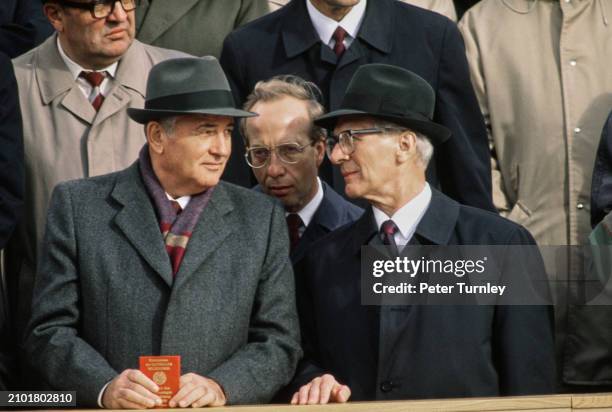 Soviet leader Mikhail Gorbachev with East German head of state Erich Honecker during a visit to East Berlin, October 7th 1989. Gorbachev is attending...