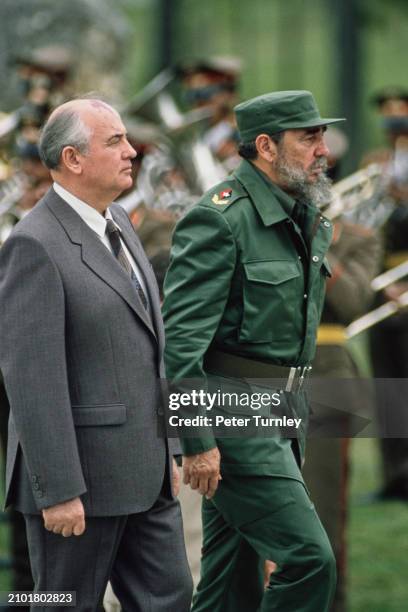 Soviet leader Mikhail Gorbachev with Cuban President Fidel Castro during a visit to Cuba, April 2nd 1989.