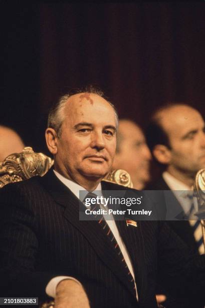 Soviet leader Mikhail Gorbachev attending a meeting at the Paris Hotel de Ville during a state visit to France, October 1985.