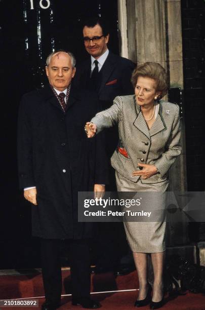 Soviet leader Mikhail Gorbachev outside 10 Downing Street with British Prime Minister Margaret Thatcher during a visit to London, April 6th 1989.