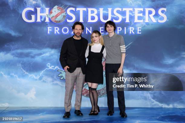 Paul Rudd, Mckenna Grace and Finn Wolfhard at the London photocall of Columbia Pictures' Ghostbusters: Frozen Empire on March 21, 2024 in London,...