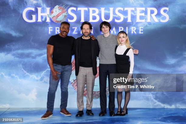 Ernie Hudson Jr., Paul Rudd, Finn Wolfhard and Mckenna Grace at the London photocall of Columbia Pictures' Ghostbusters: Frozen Empire on March 21,...