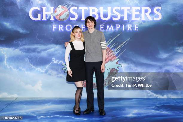 Finn Wolfhard and Mckenna Grace at the London photocall of Columbia Pictures' Ghostbusters: Frozen Empire on March 21, 2024 in London, England.