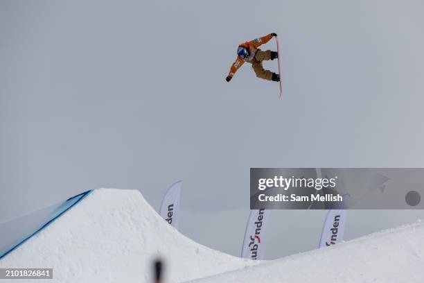 Mari Fukada of Japan in the Women's Snowboard training during the FIS Freeski & Snowboard World Cup on March 21, 2024 in Silvaplana, Switzerland.